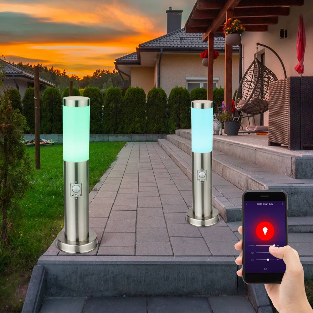 Sockelleuchte E27 Stehlampe Garten Smart Home Außenleuchte Bewegungsmelder, App-Sprachsteuerung dimmbar Timer CCT, IP44, Edelstahl, 1x RGB LED 10W