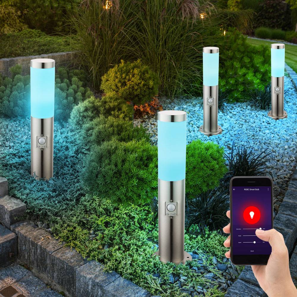 Sockelleuchte E27 Stehlampe Garten Smart Home Außenleuchte Bewegungsmelder, App-Sprachsteuerung dimmbar Timer CCT, IP44, Edelstahl, 1x RGB LED 10W