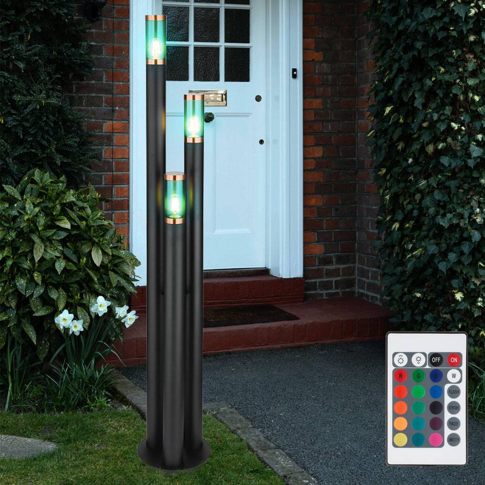 Wegeleuchten Außen Edelstahl Außenlampe Standleuchte Gartenleuchte schwarz, Kupfer rauchfarben, Fernbedienung dimmbar, 3x RGB LED 8,5W 806Lm, DxH 28