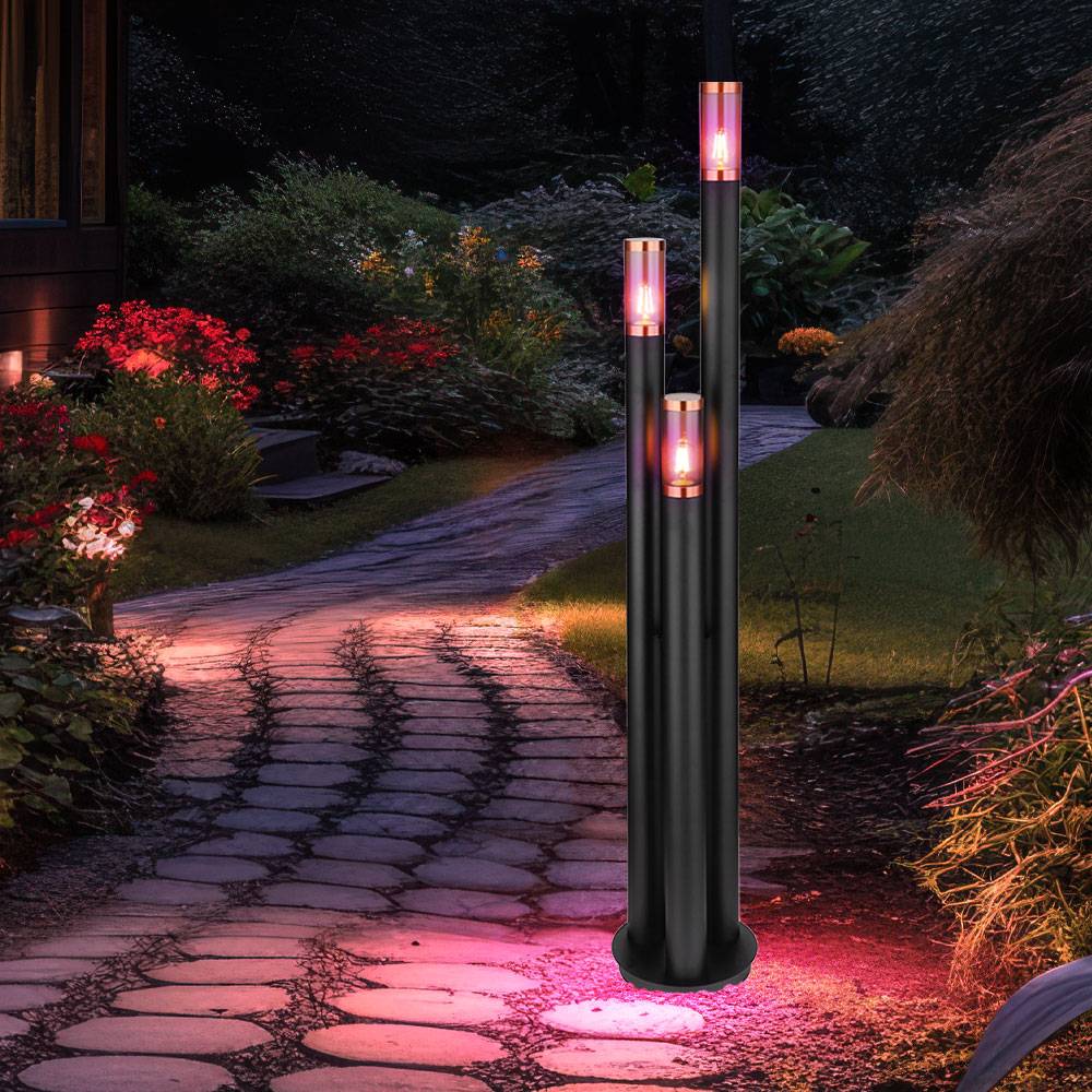 Wegeleuchten Außen Edelstahl Außenlampe Standleuchte Gartenleuchte schwarz, Kupfer rauchfarben, Fernbedienung dimmbar, 3x RGB LED 8,5W 806Lm, DxH 28