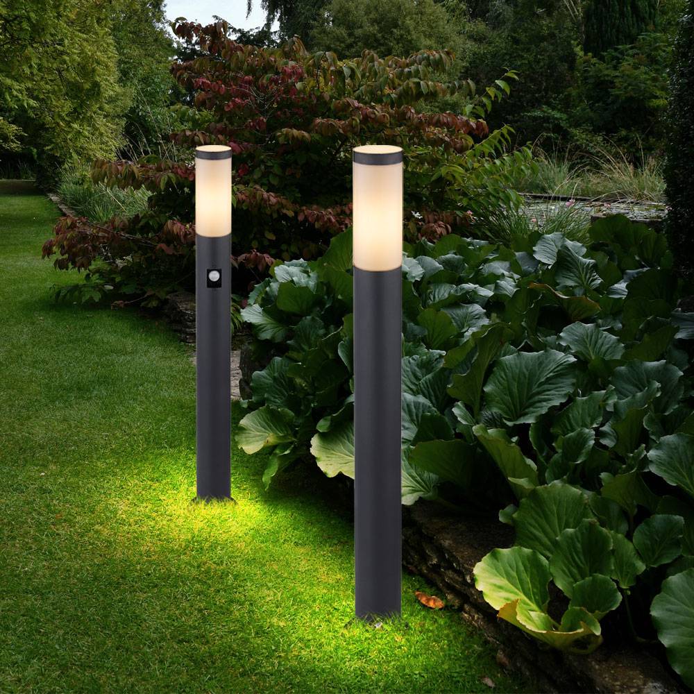 Gartenstehlampe Edelstahl Gartenlampe mit Bewegungsmelder anthrazit E27 Wegeleuchte Garten, opal, 1x E27 Fassung, H 80 cm, 2er Set