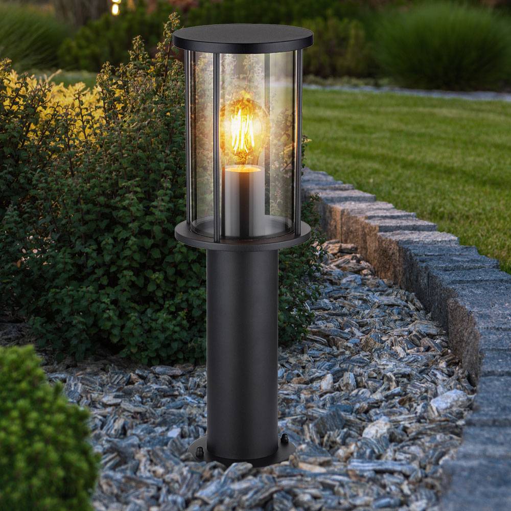 Stehlampe Garten Sockelleuchte modern Außenlampe schwarz, Wegeleuchte wetterfest, Glasschirm rauch Edelstahl matt, 1x E27 Fassung, DxH 14,3x45 cm