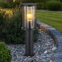 Stehlampe Garten Sockelleuchte modern Außenlampe schwarz, Wegeleuchte wetterfest, Glasschirm rauch Edelstahl matt, 1x E27 Fassung, DxH 14,3x45 cm Stehlampe Garten Sockelleuchte modern Außenlampe schwarz, Wegeleuchte wetterfest, Glasschirm rauch Edelstahl matt, 1x E27 Fassung, DxH 14,3x45 cm