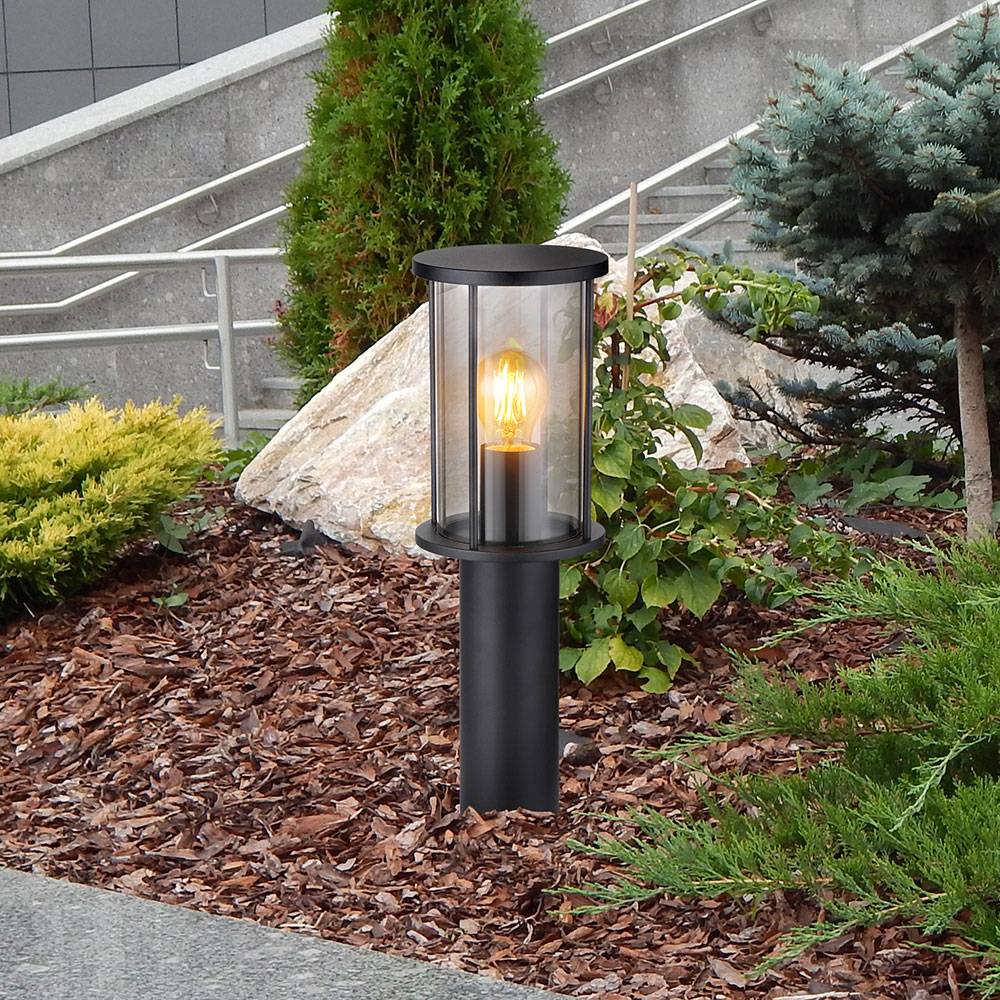 Stehlampe Garten Sockelleuchte modern Außenlampe schwarz, Wegeleuchte wetterfest, Glasschirm rauch Edelstahl matt, 1x E27 Fassung, DxH 14,3x45 cm