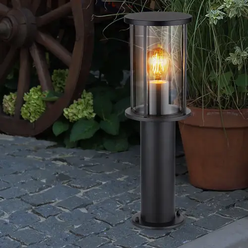 Stehlampe Garten Sockelleuchte modern Außenlampe schwarz, Wegeleuchte wetterfest, Glasschirm rauch Edelstahl matt, 1x E27 Fassung, DxH 14,3x45 cm Stehlampe Garten Sockelleuchte modern Außenlampe schwarz, Wegeleuchte wetterfest, Glasschirm rauch Edelstahl matt, 1x E27 Fassung, DxH 14,3x45 cm
