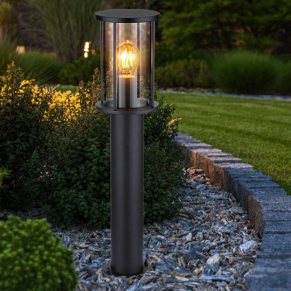 Stehlampe Außen Wegeleuchte schwarz Gartenlampe modern, Sockelleuchte Terrasse wetterfest, Glas rauch Edelstahl matt, 1x E27 Fassung, DxH 14,3x60 cm