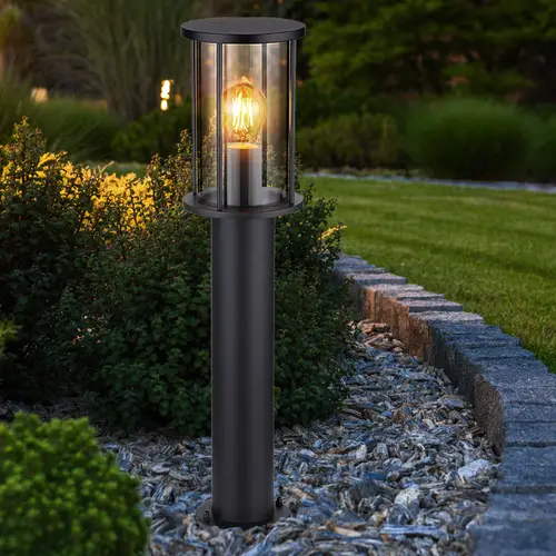 Stehlampe Außen Wegeleuchte schwarz Gartenlampe modern, Sockelleuchte Terrasse wetterfest, Glas rauch Edelstahl matt, 1x E27 Fassung, DxH 14,3x60 cm Stehlampe Außen Wegeleuchte schwarz Gartenlampe modern, Sockelleuchte Terrasse wetterfest, Glas rauch Edelstahl matt, 1x E27 Fassung, DxH 14,3x60 cm