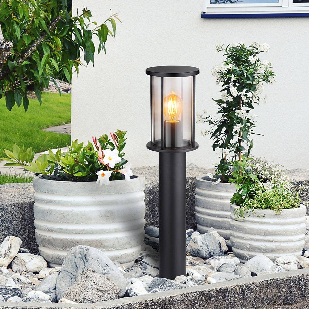 Stehlampe Außen Wegeleuchte schwarz Gartenlampe modern, Sockelleuchte Terrasse wetterfest, Glas rauch Edelstahl matt, 1x E27 Fassung, DxH 14,3x60 cm