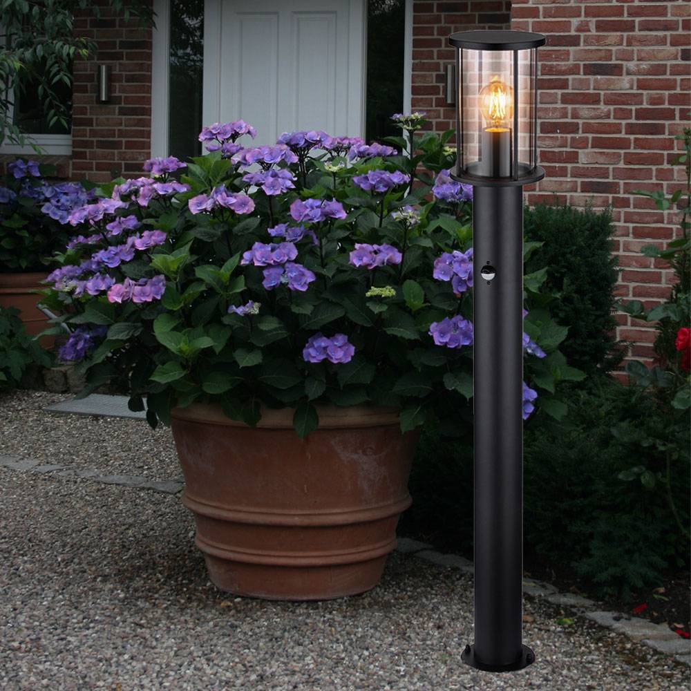 Wegeleuchte Stehleuchte Gartenlampe Außenlampe Edelstahl Glas Bewegungsmelder, schwarz rauch, 1xE27, DxH: 14,3x100cm