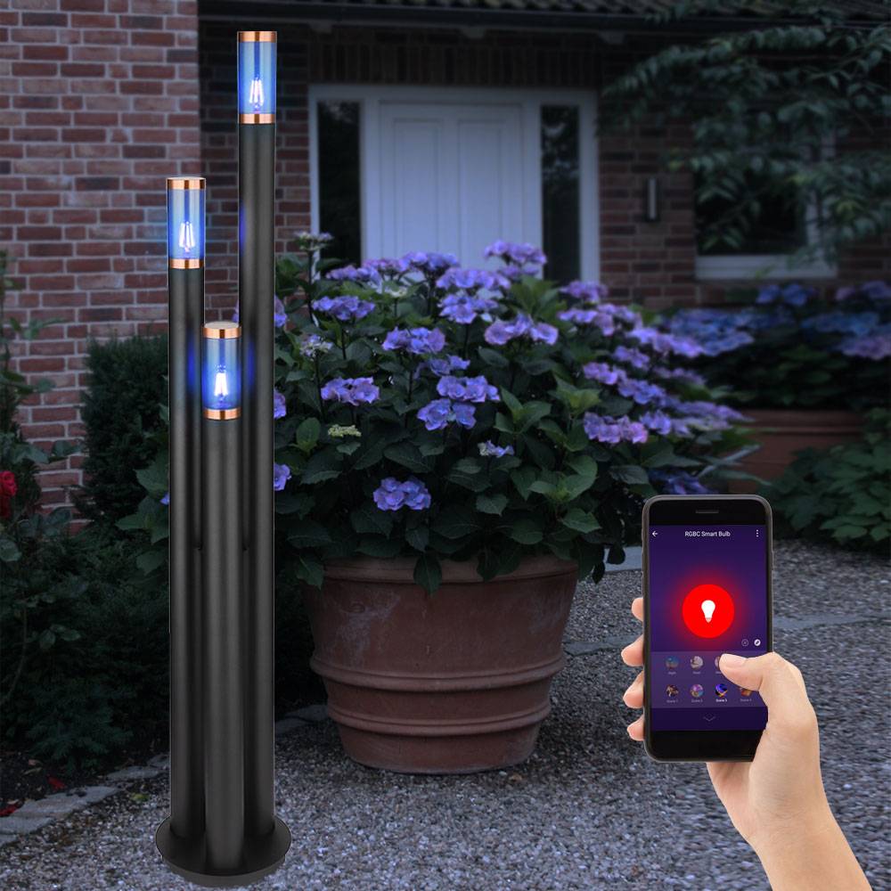 Wegeleuchten Außen Edelstahl Außenlampe Standleuchte Gartenleuchte schwarz, Kupfer rauchfarben, App-Steuerung, 3x Smart RGB LED 10W 806Lm, DxH 28