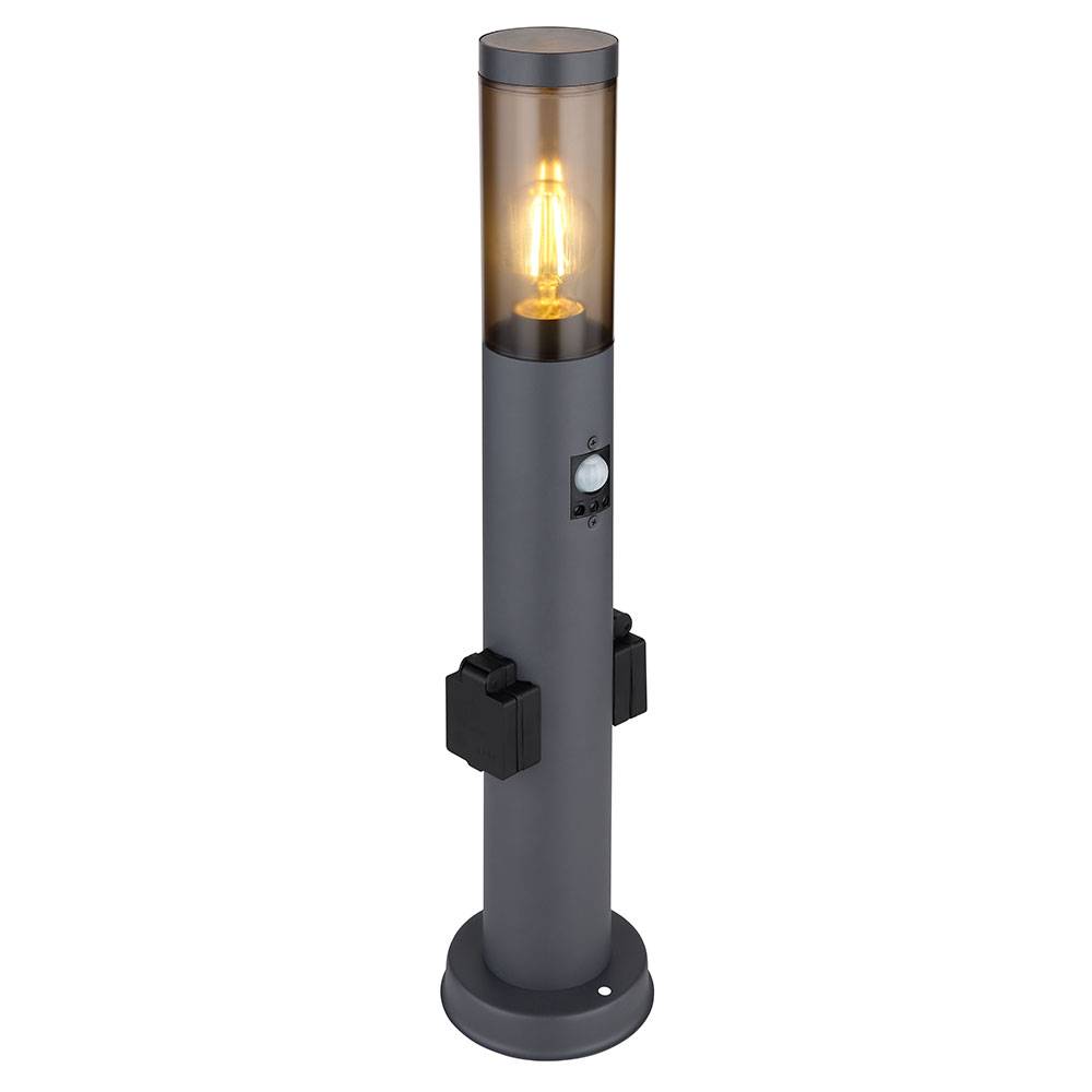 Sockelleuchte mit Steckdose und Bewegungsmelder Steckdosensäule Garten mit Licht, Edelstahl anthrazit, Kunststoff rauch, 1x E27, DxH 7,6x60 cm