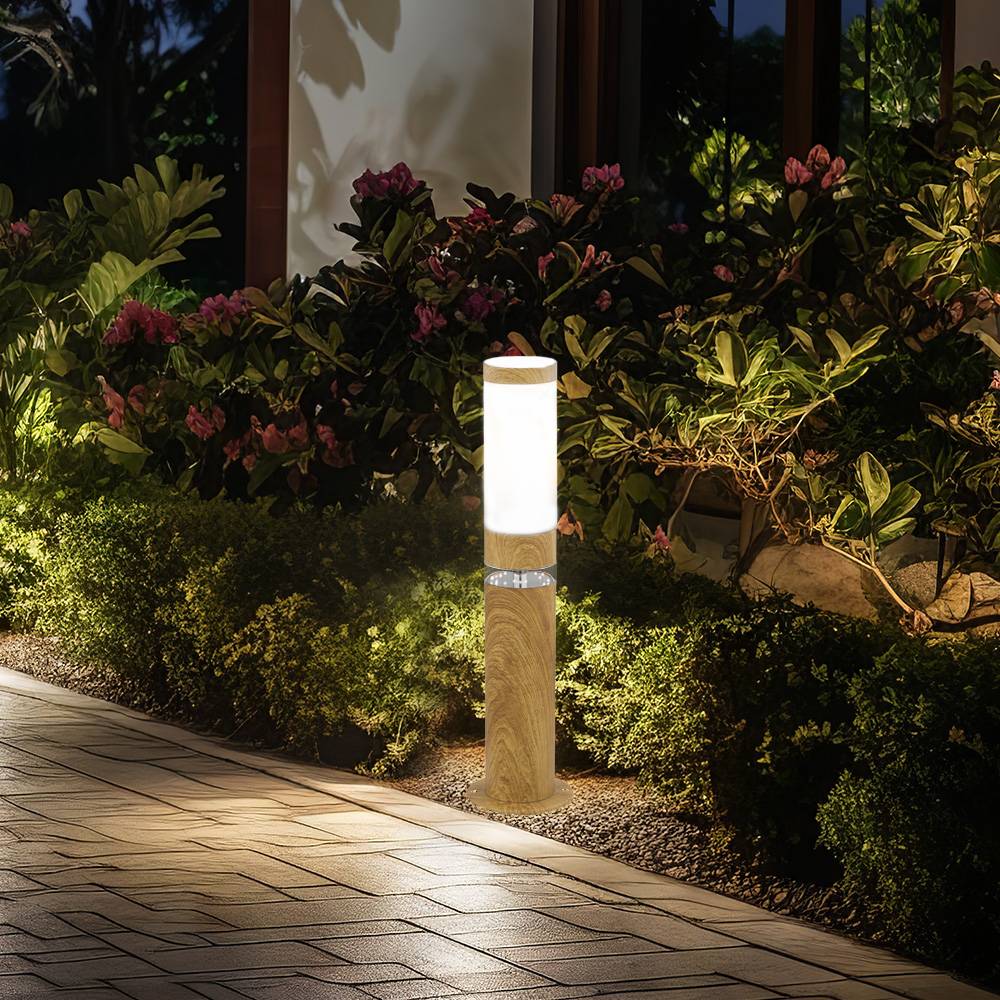 Standleuchte Sockelleuchte Außen rund Sockellampe Aussenbereich Edelstahl Terrassen, Holz Optik mit Deko LED, 1x E27, DxH 11,7 x 50 cm