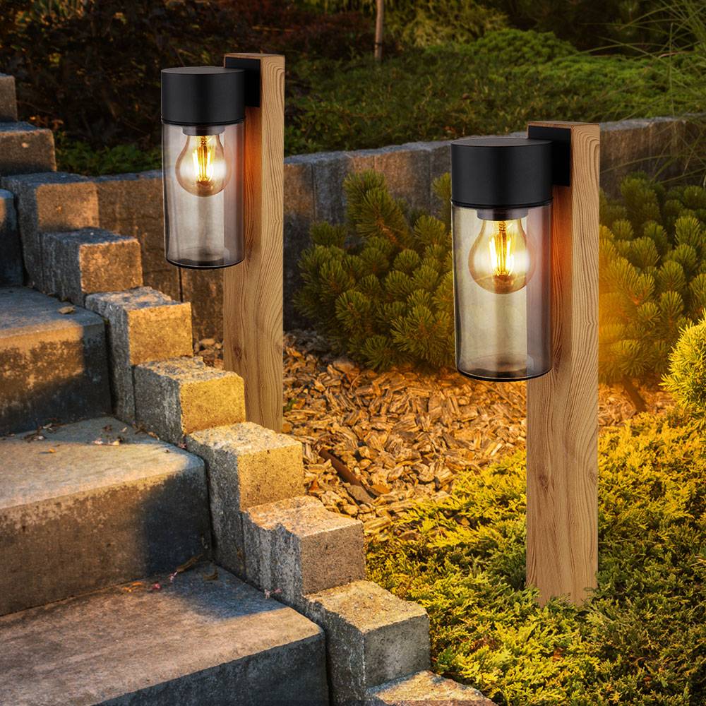 Außenlampe Wegeleuchte Stehlampe, Moderne Stehleuchte, Landhaus, Holzoptik, Rauchglas, Edelstahl, schwarz, matt, 1x E27 Fassung, LxBxH 14,5x9x50 cm