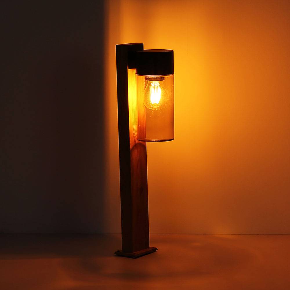 Außenlampe Wegeleuchte Stehlampe, Moderne Stehleuchte, Landhaus, Holzoptik, Rauchglas, Edelstahl, schwarz, matt, 1x E27 Fassung, LxBxH 14,5x9x50 cm