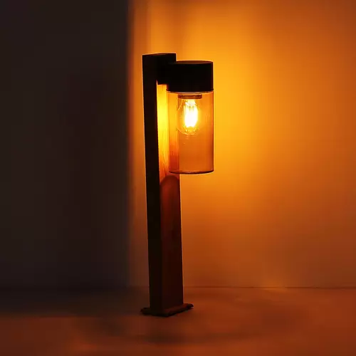 Außenlampe Wegeleuchte Stehlampe, Moderne Stehleuchte, Landhaus, Holzoptik, Rauchglas, Edelstahl, schwarz, matt, 1x E27 Fassung, LxBxH 14,5x9x50 cm Außenlampe Wegeleuchte Stehlampe, Moderne Stehleuchte, Landhaus, Holzoptik, Rauchglas, Edelstahl, schwarz, matt, 1x E27 Fassung, LxBxH 14,5x9x50 cm