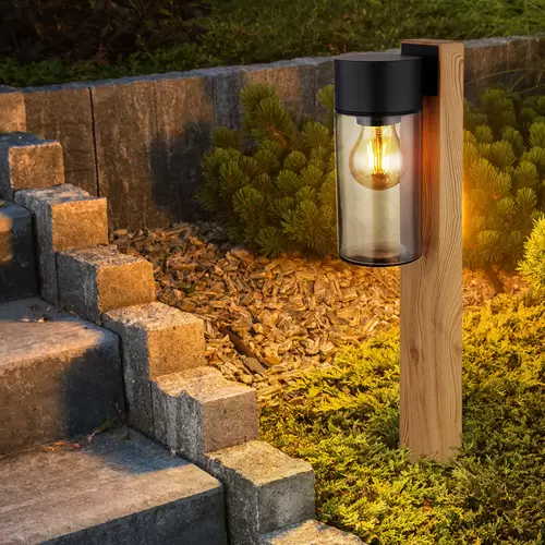 Außenlampe Wegeleuchte Stehlampe, Moderne Stehleuchte, Landhaus, Holzoptik, Rauchglas, Edelstahl, schwarz, matt, 1x E27 Fassung, LxBxH 14,5x9x50 cm Außenlampe Wegeleuchte Stehlampe, Moderne Stehleuchte, Landhaus, Holzoptik, Rauchglas, Edelstahl, schwarz, matt, 1x E27 Fassung, LxBxH 14,5x9x50 cm