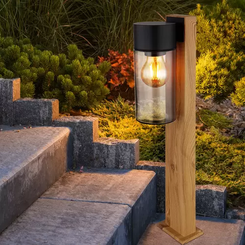 Außenlampe Wegeleuchte Stehlampe, Moderne Stehleuchte, Landhaus, Holzoptik, Rauchglas, Edelstahl, schwarz, matt, 1x E27 Fassung, LxBxH 14,5x9x50 cm Außenlampe Wegeleuchte Stehlampe, Moderne Stehleuchte, Landhaus, Holzoptik, Rauchglas, Edelstahl, schwarz, matt, 1x E27 Fassung, LxBxH 14,5x9x50 cm