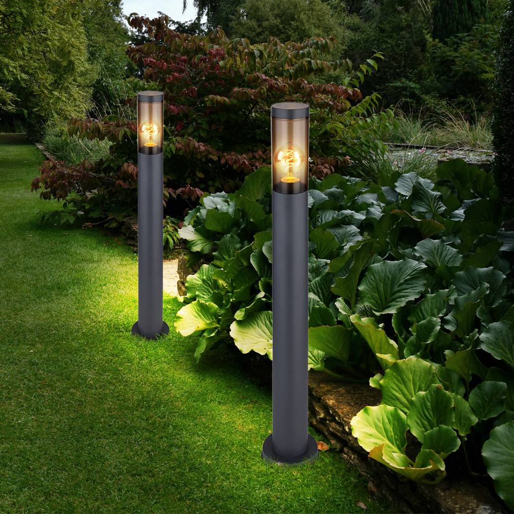 Standleuchte Außenbeleuchtung Sockelleuchte rauch anthrazit Außen Garten Stehlampe, Edelstahl Kunststoff, 1x E27, DxH 7,6x80 cm, 2er Set