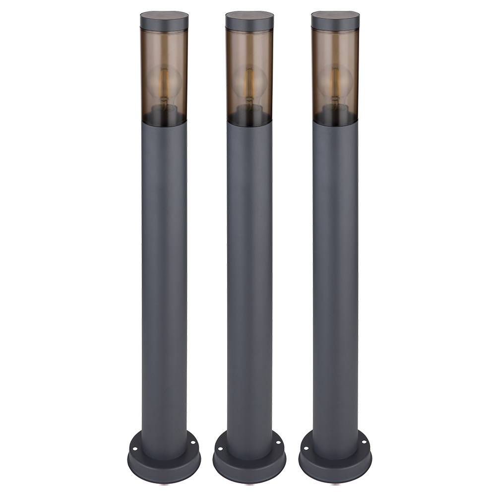 Standleuchte Außenbeleuchtung Sockelleuchte rauch anthrazit Außen Garten Stehlampe, Edelstahl Kunststoff, 1x E27, DxH 7,6x80 cm, 3er Set