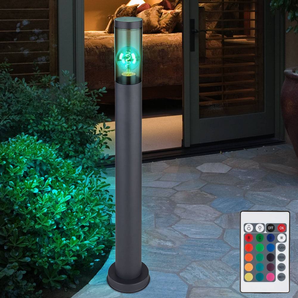 Standleuchte Edelstahl Sockelleuchte rauch anthrazit Außen Garten Stehlampe, Fernbedienung dimmbar, 1x RGB LED 8,5W 806Lm warmweiß, DxH 7,6x80 cm