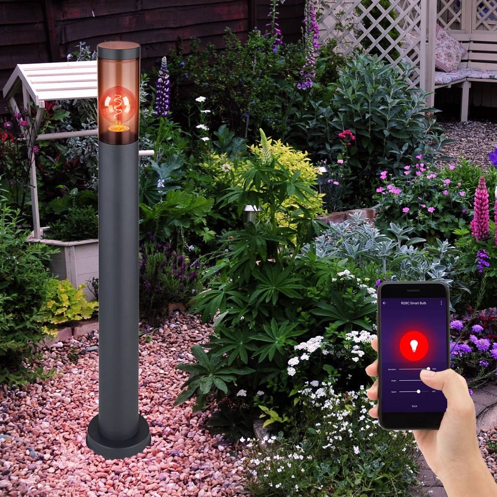 Standleuchte Edelstahl Sockelleuchte rauch anthrazit Außen Garten Stehlampe, App Steuerung dimmbar, 1x Smart RGB LED 10W 806Lm, DxH 7,6x80 cm