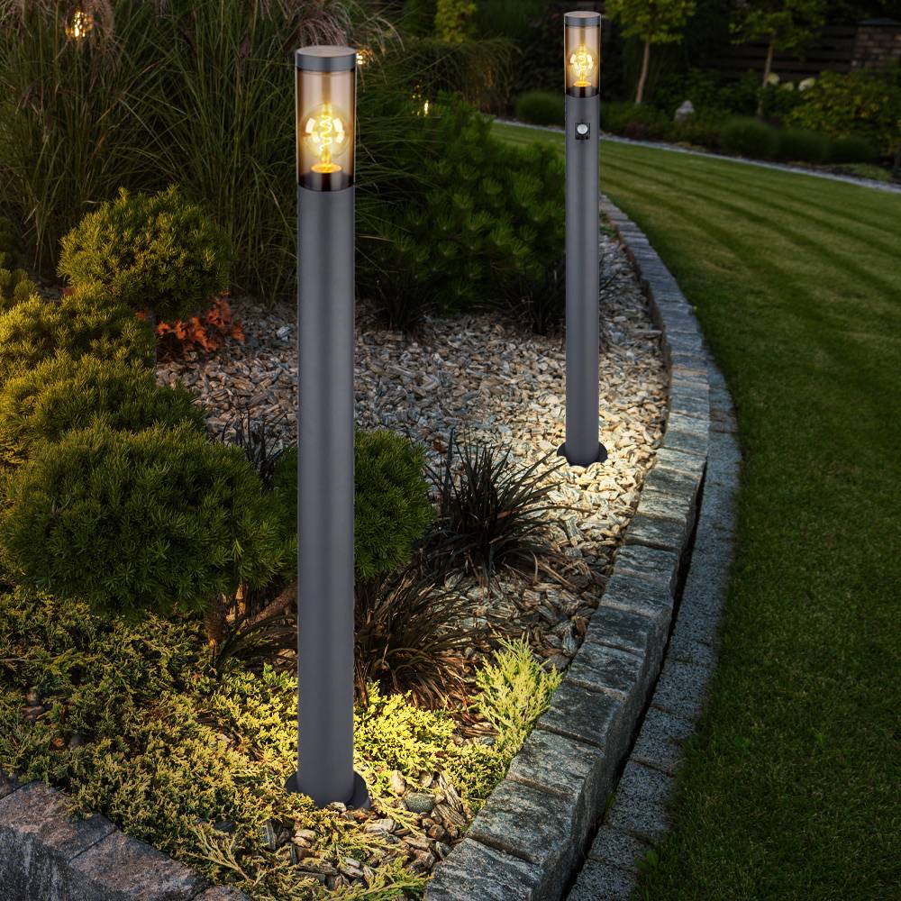 Stehleuchte mit Bewegungsmelder Außenleuchte Sensor Standlampe Edelstahl anthrazit, rauch, 1x E27 Fassung, DxH 12,7x110cm, 2er Set