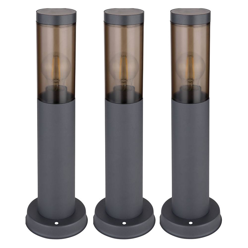 Wegeleuchte Pollerleuchte Außen Sockelleuchte Gartenlampen anthrazit, Standleuchte Balkon, Edelstahl rauchfarben, 1x E27 Fassung, DxH 7,6x45cm, 3er