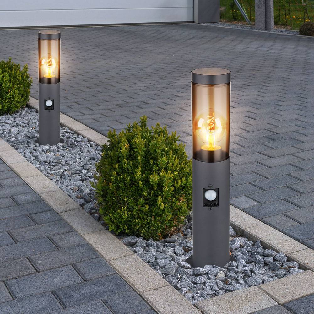 Außenbeleuchtung Standleuchte Sockelleuchte rauch anthrazit Außen mit Bewegungsmelder Garten Stehlampe, Metall Kunststoff, 1x E27, DxH 7,6x45 cm, 2e