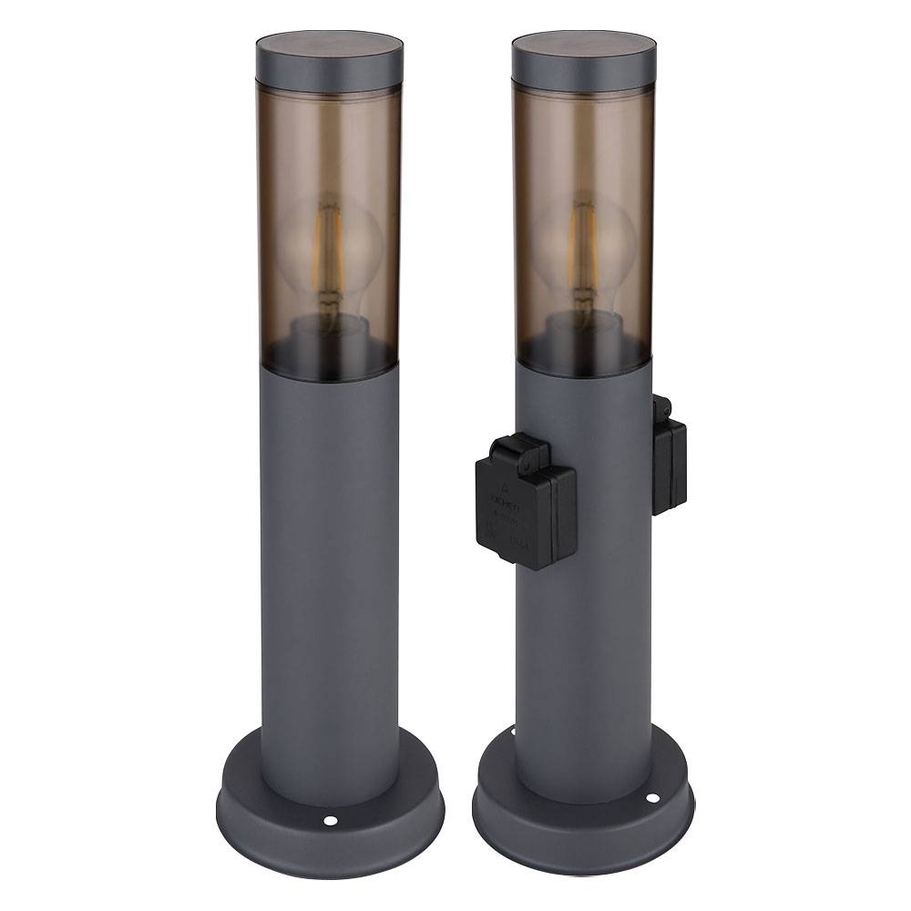 Stehleuchte mit Steckdose anthrazit Sockelleuchte Edelstahl Steckdosensäule mit Licht, rauch, 1x E27 Fassung, DxH 7,6x45 cm, 2er Set