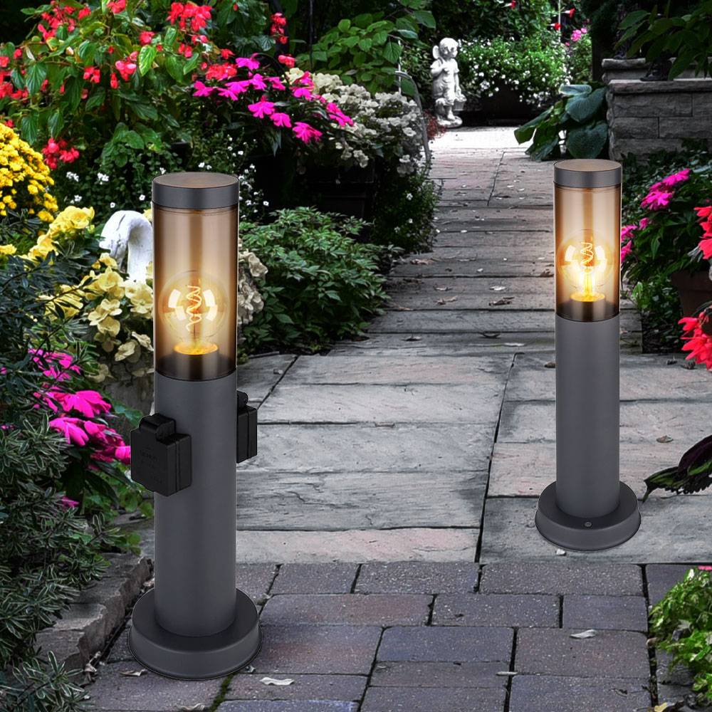 Stehleuchte mit Steckdose anthrazit Sockelleuchte Edelstahl Steckdosensäule mit Licht, rauch, 1x E27 Fassung, DxH 7,6x45 cm, 2er Set