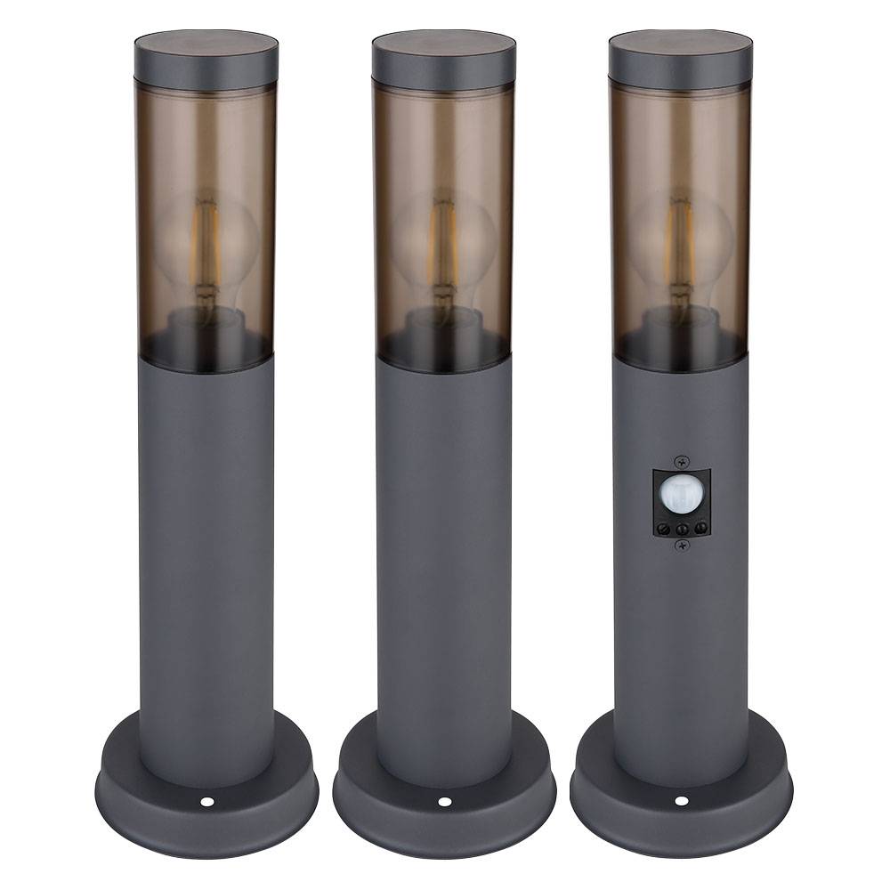 Außenstehlampe mit Bewegungsmelder Pollerleuchte Außen Sockelleuchte Gartenlampen anthrazit IP44, Edelstahl rauchfarben, 1x E27 Fassung, DxH 7,6x45c