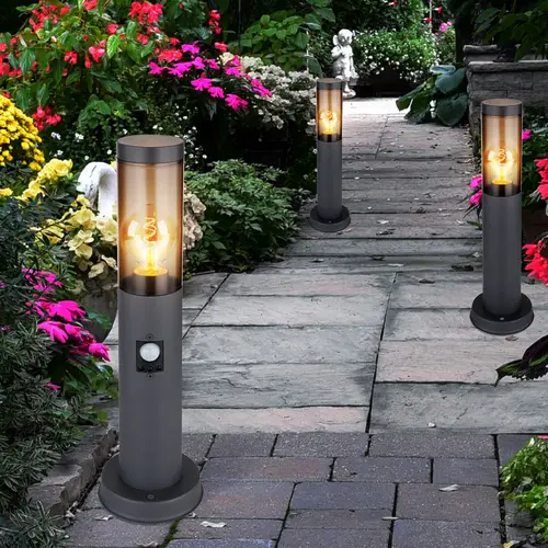 Außenstehlampe mit Bewegungsmelder Pollerleuchte Außen Sockelleuchte Gartenlampen anthrazit IP44, Edelstahl rauchfarben, 1x E27 Fassung, DxH 7,6x45c Außenstehlampe mit Bewegungsmelder Pollerleuchte Außen Sockelleuchte Gartenlampen anthrazit IP44, Edelstahl rauchfarben, 1x E27 Fassung, DxH 7,6x45c