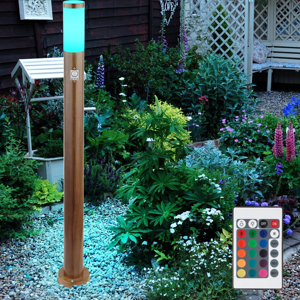 Pollerleuchte mit Bewegungsmelder Außenlampe Sensor Standleuchte Holzoptik, Fernbedienung dimmbar, Edelstahl, 1x RGB LED 8,5W 806Lm, DxH 12,7x110cm