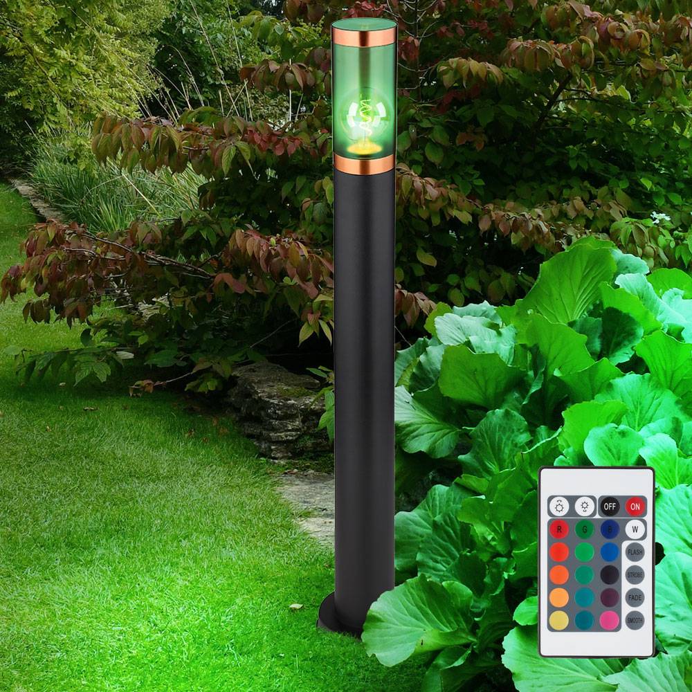 Stehlampe Garten Außen Aussenlampe Stehleuchte Wegeleuchten Edelstahl Außen, Fernbedienung dimmbar Memory, Kupferakzent schwarz rauch, 1x RGB LED
