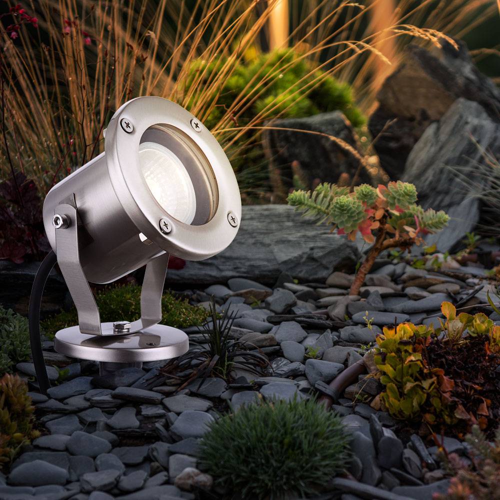Gartenleuchte GU10 mit Erdspieß Außenstrahler Boden Gartenstrahler IP65 Strahler Außen Edelstahl, mit schwenkbarem Spot, 1x GU10, DxH 9,8x30,5 cm