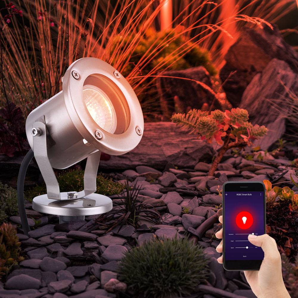 Gartenleuchte GU10 mit Erdspieß Außenstrahler Boden Gartenstrahler IP65 Strahler schwenkbarem, App-Steuerung, Smart RGB LED 4,5W 290Lm, DxH 9,8x30,5