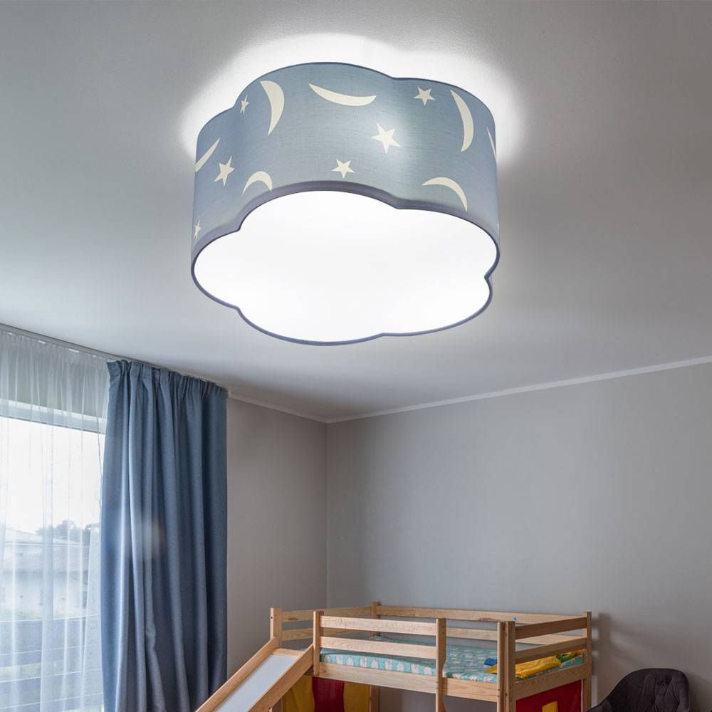 Deckenlampe Kinderzimmer pastellblau Schlafzimmerlampe Wolke, 3-flammig Deckenleuchte Spielzimmer Sterne Mond Textilschirm, 3x E27, DxH 40x20 cm