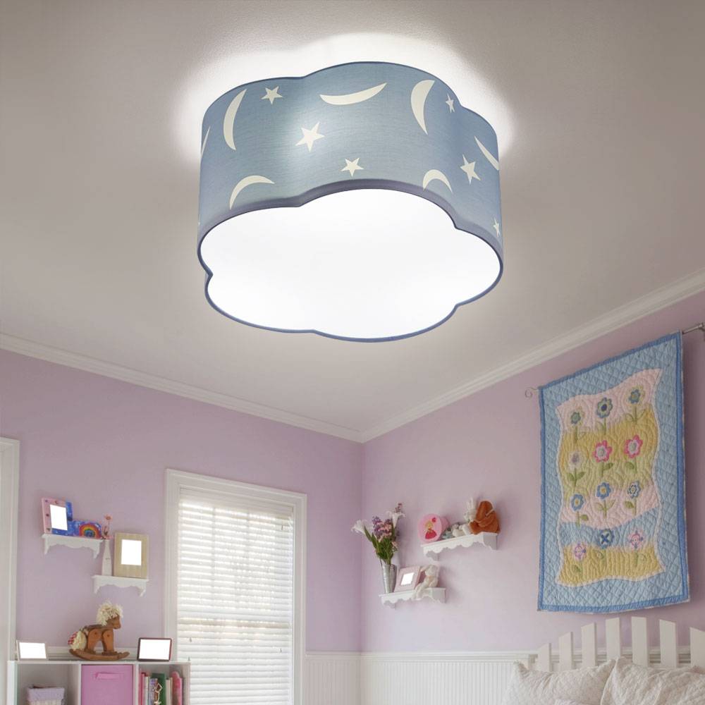 Deckenlampe Kinderzimmer pastellblau Schlafzimmerlampe Wolke, 3-flammig Deckenleuchte Spielzimmer Sterne Mond Textilschirm, 3x E27, DxH 40x20 cm