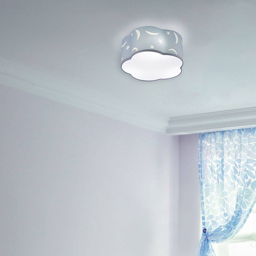 Deckenlampe Kinderzimmer pastellblau Schlafzimmerlampe Wolke, 3-flammig Deckenleuchte Spielzimmer Sterne Mond Textilschirm, 3x E27, DxH 40x20 cm