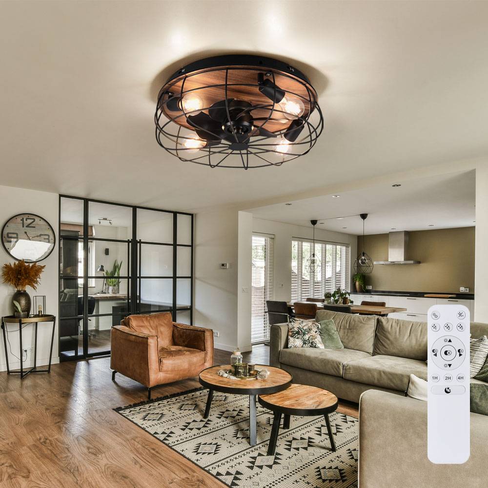 Deckenventilator mit Fernbedienung Deckenlampe Schlafzimmerlampe Wohnzimmerleuchte Kühler Lüfter, Metall schwarz Holzoptik, 3 Geschwindigkeiten Time