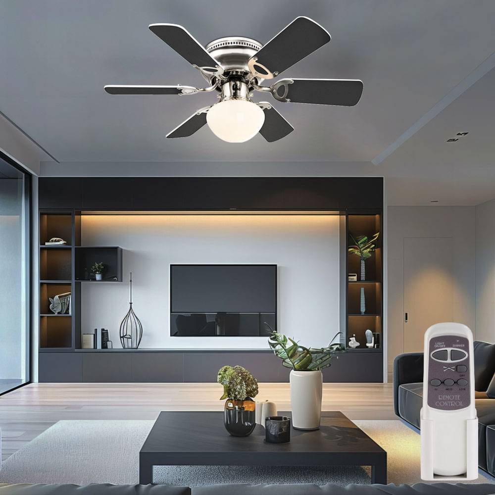 Deckenventilator Ventilator Deckenlampe Deckenleuchte Wohnzimmerlampe Holzventilator, Fernbedienung Zugschalter Flügel wendbar, MDF Glas opal, 1x