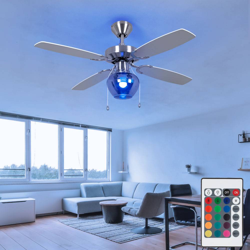 Deckenventilator Deckenleuchte Ventilator Wohnzimmerlampe Lüfter Glas rauchfarben, 3 Stufen Zugschalter, Fernbedienung, RGB LED 8,5W 806Lm warmweiß