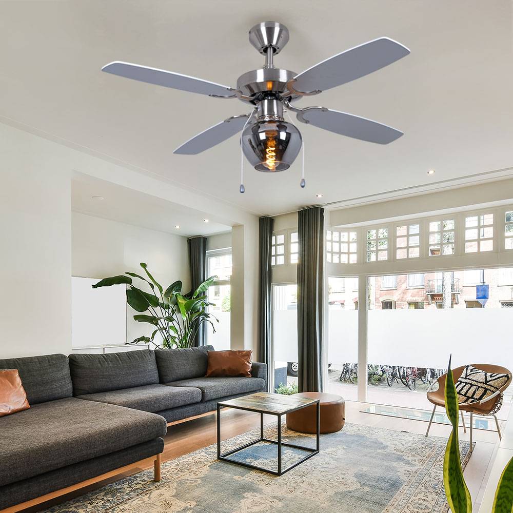 Deckenventilator Deckenleuchte Ventilator Wohnzimmerlampe Lüfter Glas rauchfarben, 3 Stufen Zugschalter, Fernbedienung, RGB LED 8,5W 806Lm warmweiß