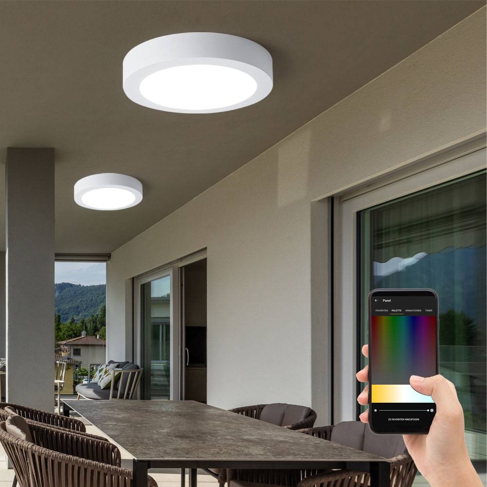 Smart Home Deckenleuchte Wandleuchte Außenlampe Hauswand Leuchte Aluguss, weiß, IP44, dimmbar CCT, LED 16,5W 1600Lm, D 22,5 cm, 2er Set