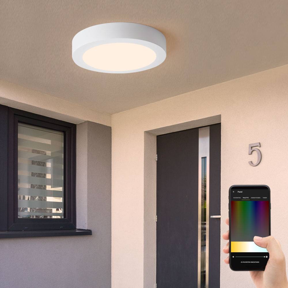 Smart Home Deckenleuchte Wandleuchte Außenlampe Hauswand Leuchte Aluguss, weiß, IP44, dimmbar CCT, LED 16,5W 1600Lm, D 22,5 cm, 2er Set