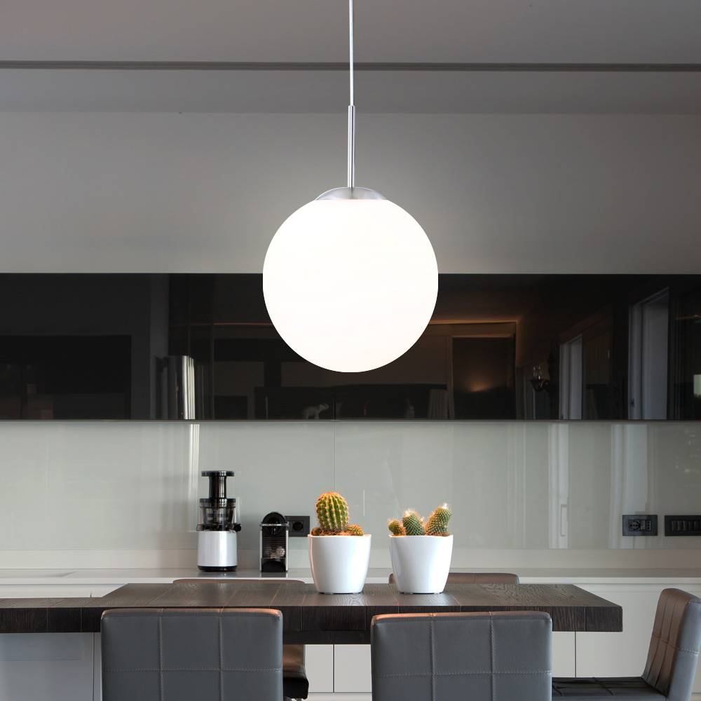 Kugelleuchte Pendellampe Pendelleuchte Hängeleuchte Esstischlampe Wohnzimmer, Metall Glas satiniert opal nickel, 1x E27 Fassung, DxH 30x180 cm