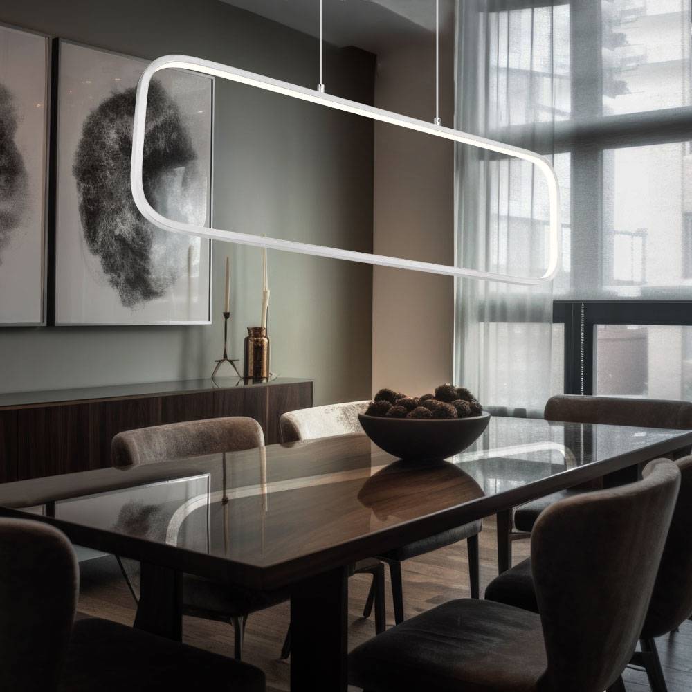 Pendellampe modern Schlafzimmerleuchte silber Hängeleuchte opal, LED Rahmen Rechteck, Metall matt, LED 24W 1400lm 3000K warmweiß, LxBxH 80x10x120 cm