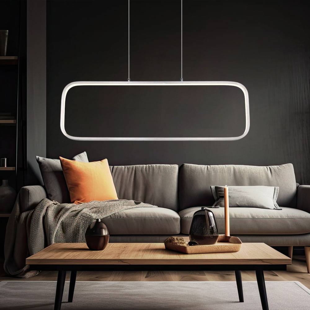 Pendellampe modern Schlafzimmerleuchte silber Hängeleuchte opal, LED Rahmen Rechteck, Metall matt, LED 24W 1400lm 3000K warmweiß, LxBxH 80x10x120 cm