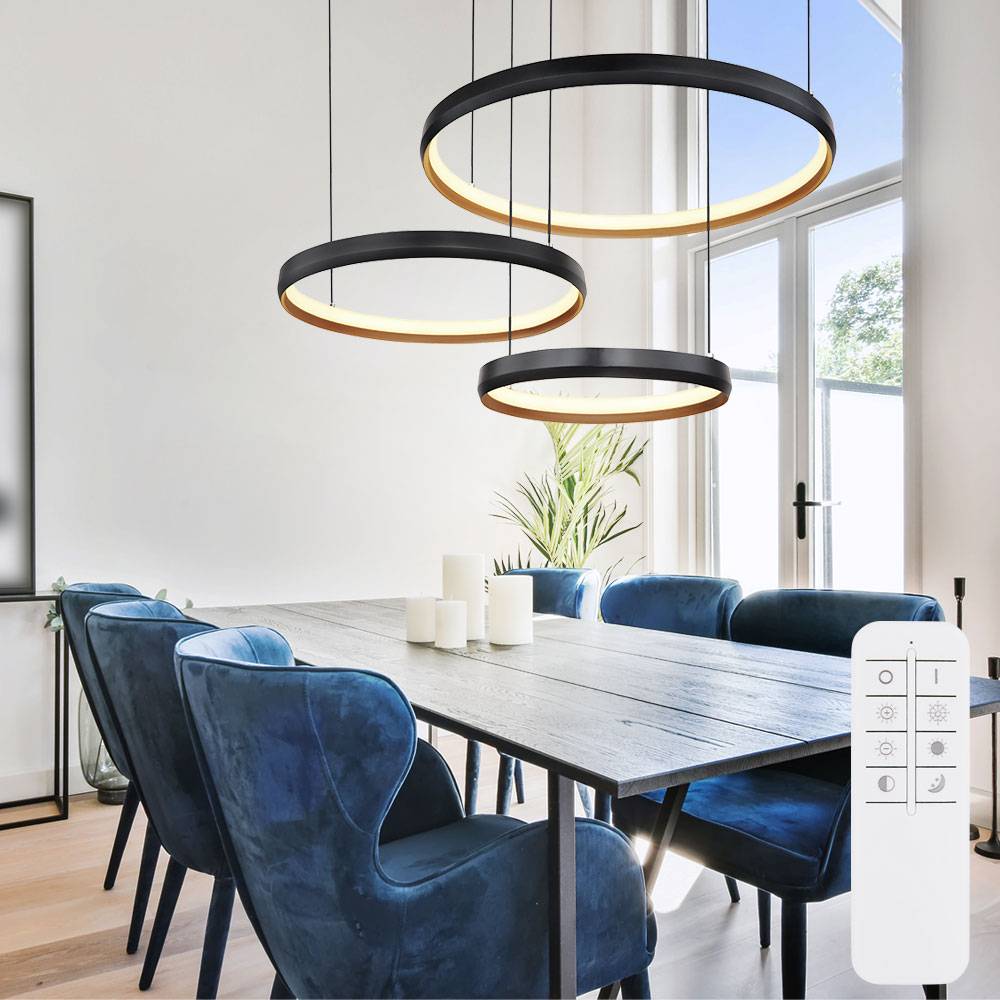 Hängelampe schwarz Pendelleuchte dimmbar Esszimmerlampe, LED Ringe Fernbedienung CCT, Metall gold, LED 55W 1800lm 2700-6000K, LxBxH 76,7x50,3x150 cm
