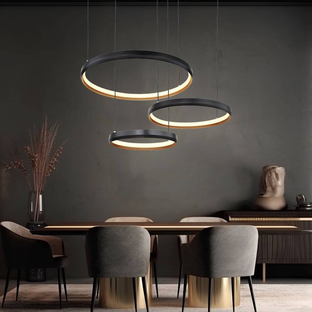Hängelampe schwarz Pendelleuchte dimmbar Esszimmerlampe, LED Ringe Fernbedienung CCT, Metall gold, LED 55W 1800lm 2700-6000K, LxBxH 76,7x50,3x150 cm